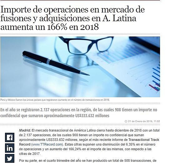 Importe de operaciones en mercado de fusiones y adquisiciones en A. Latina aumenta un 166% en 2018